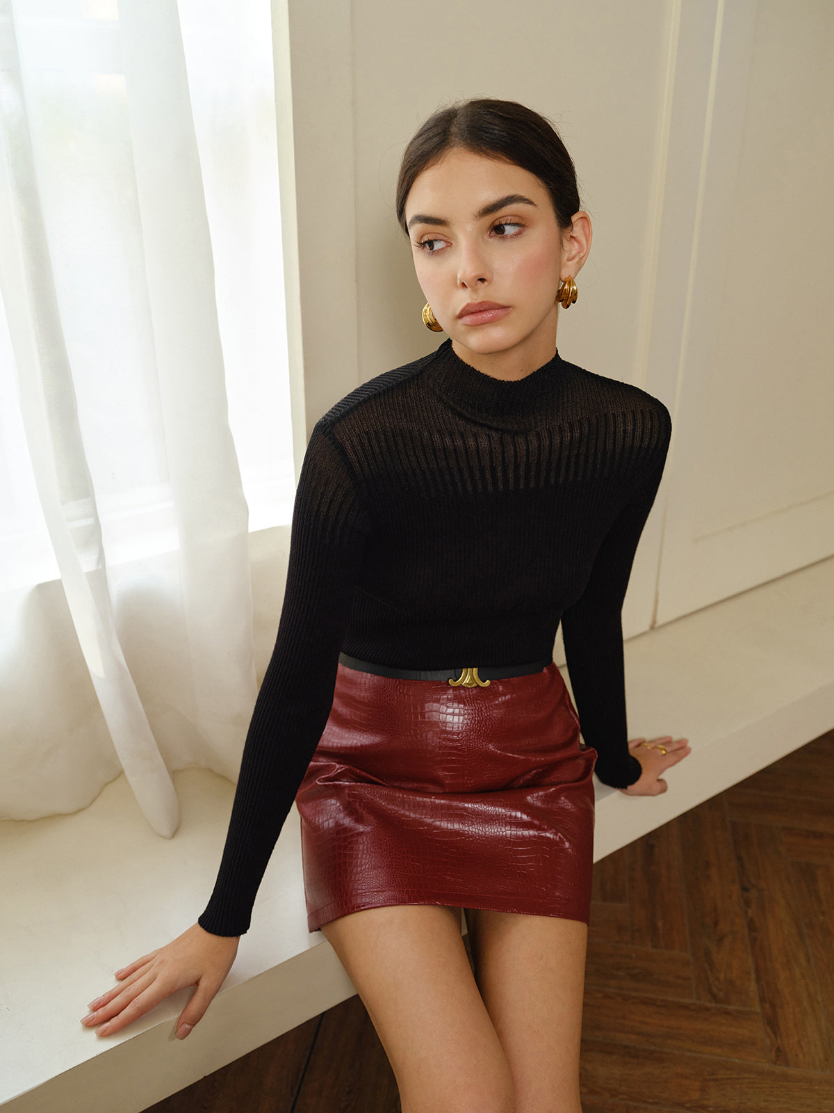 Stand Collar Panel Knit Top Shine Aura