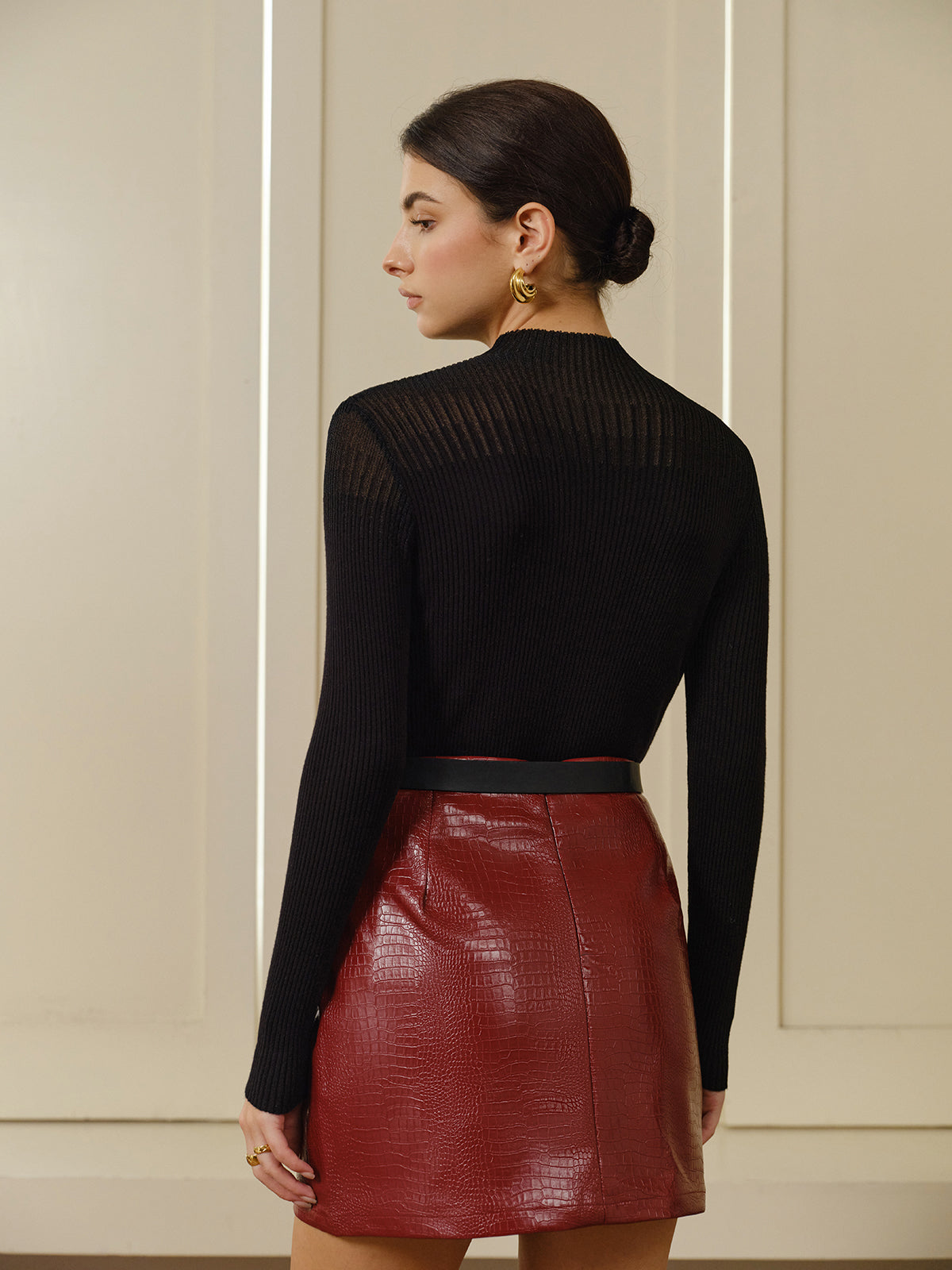 Stand Collar Panel Knit Top Shine Aura