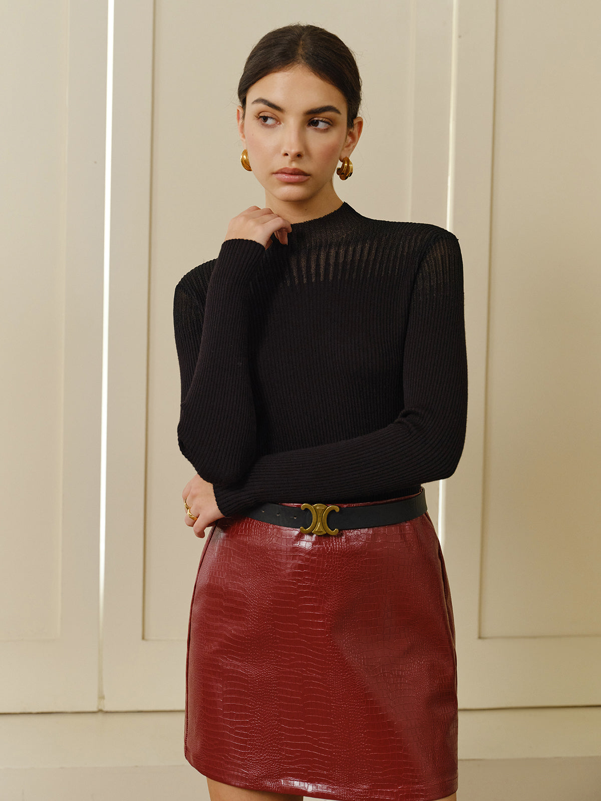 Stand Collar Panel Knit Top Shine Aura