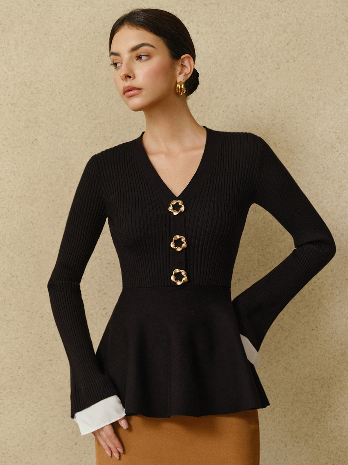 Contrasting Cuff Pleated Hat Sweater Top