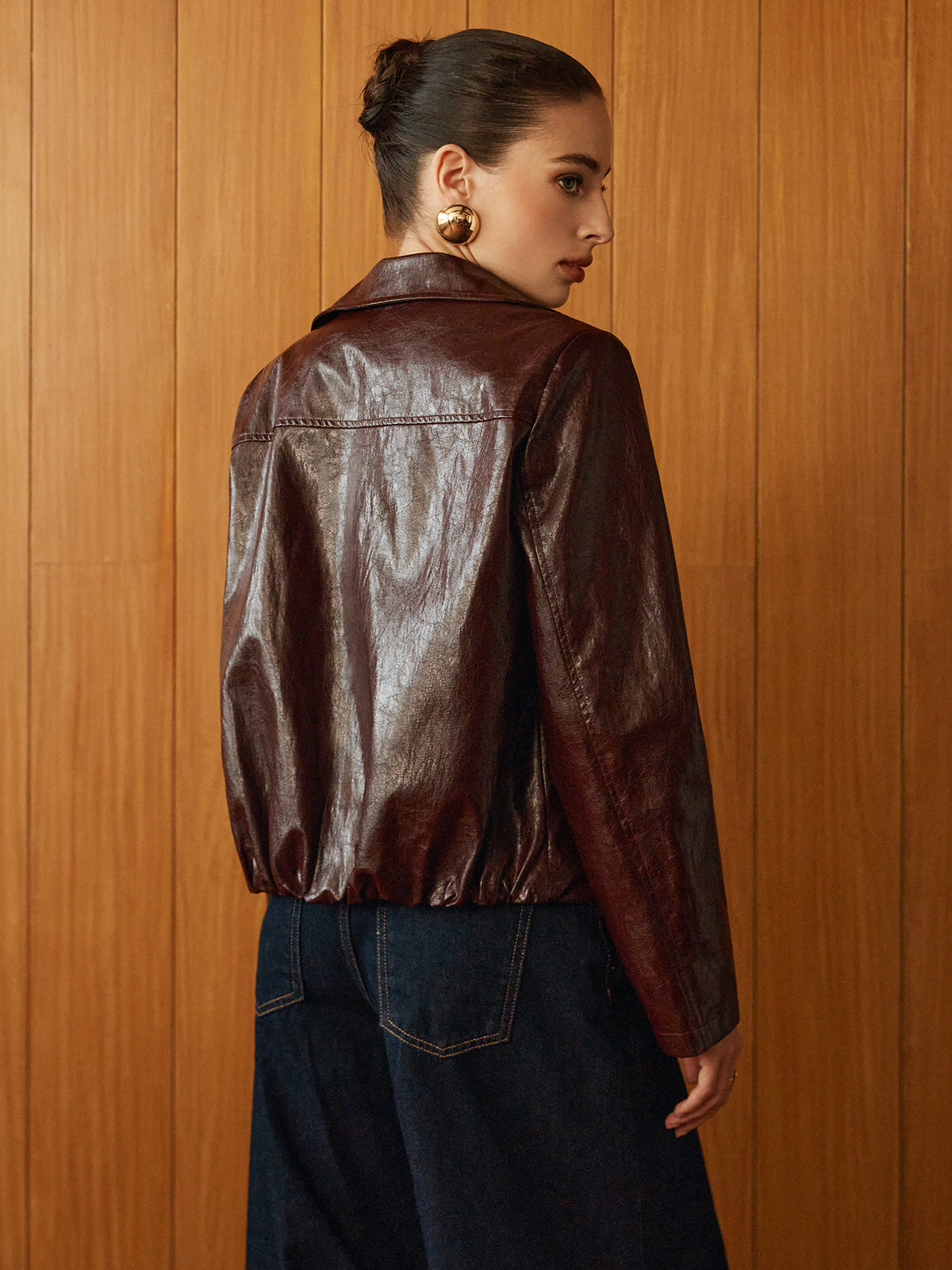 Suni Deri Fermuarlı Kısa Polo Ceket Shine Aura