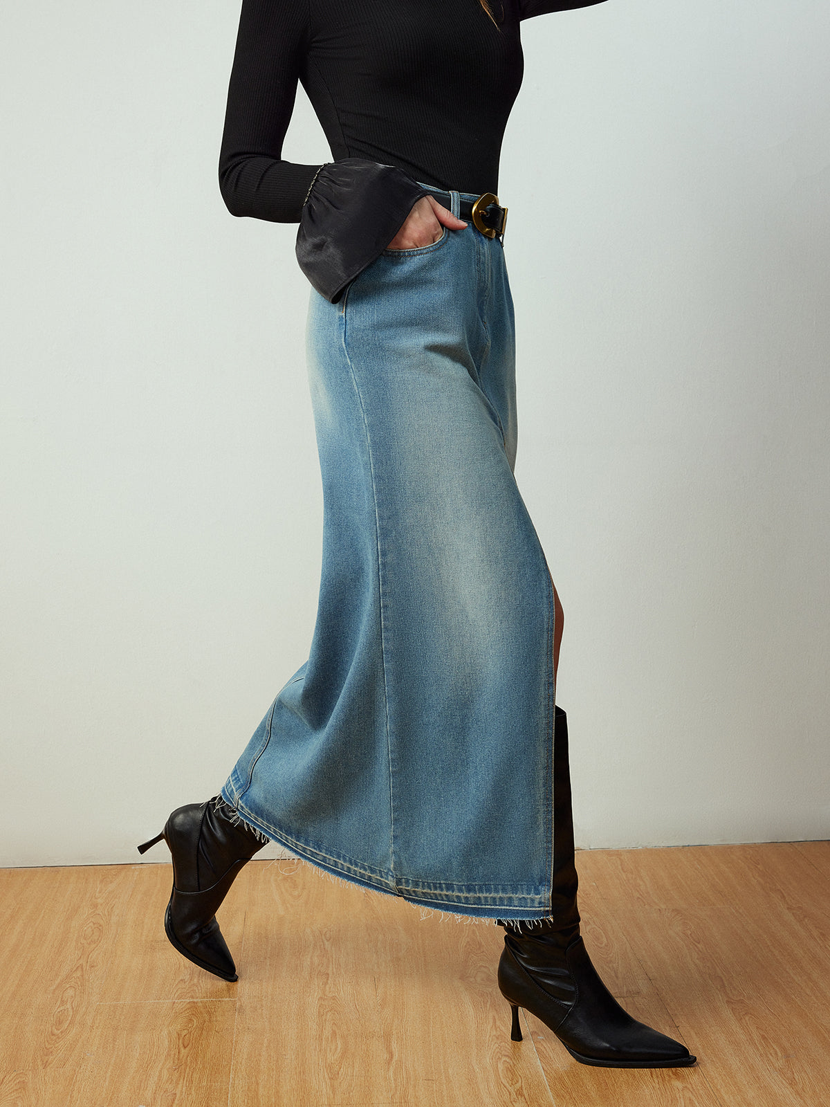 Belt Olmadan Yırtmaçlı Denim Cep Etek Shine Aura