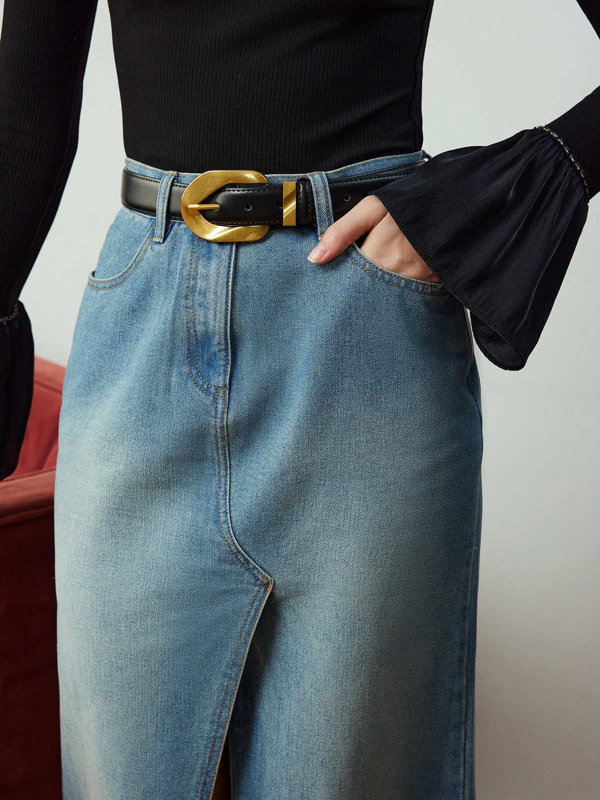 Belt Olmadan Yırtmaçlı Denim Cep Etek Shine Aura