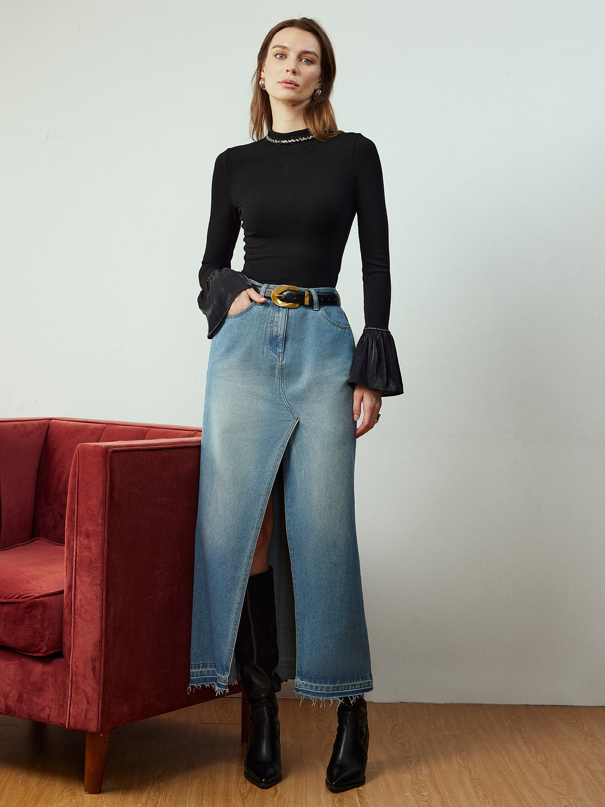 Belt Olmadan Yırtmaçlı Denim Cep Etek Shine Aura