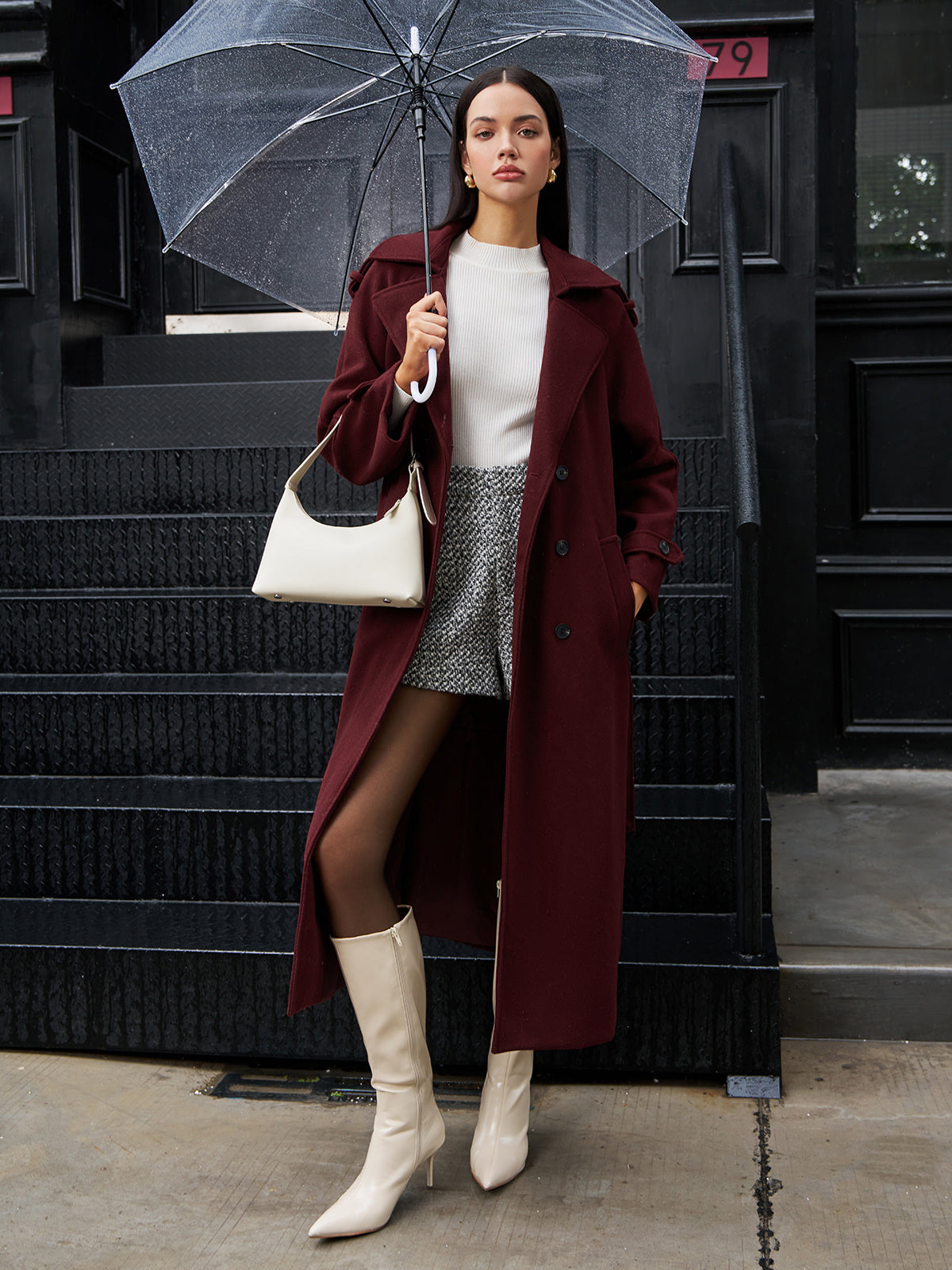 Şık Klasik Keten Uzun Kab Coat Shine Aura
