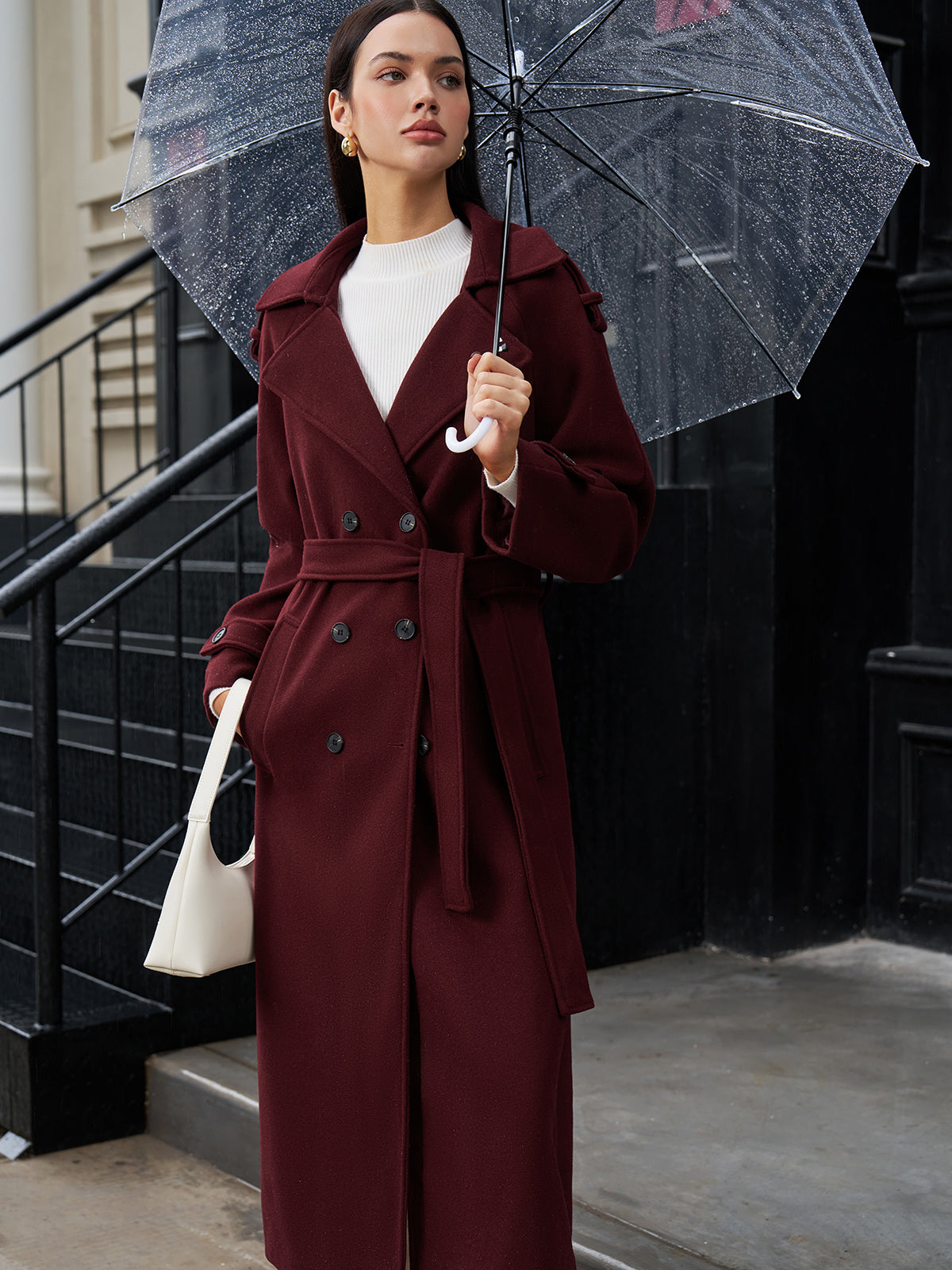 Şık Klasik Keten Uzun Kab Coat Shine Aura