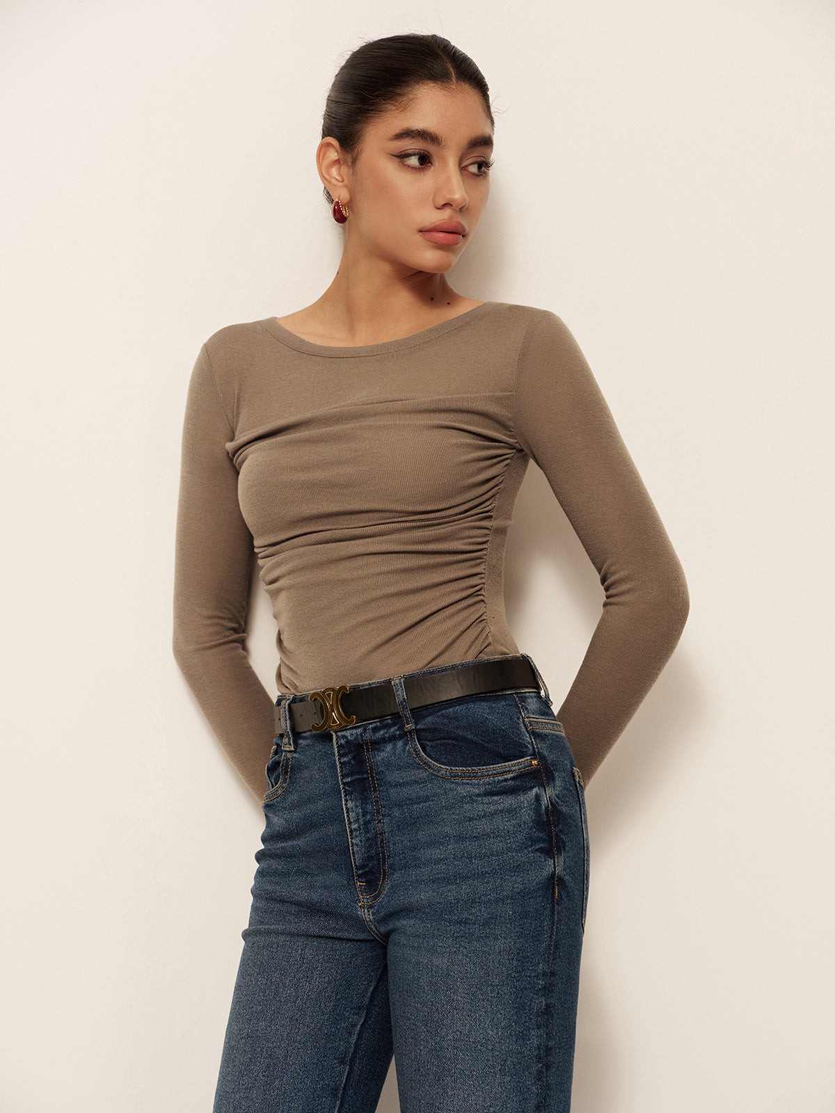 Şık Uzun Kollu Slim Fit Plise Tişört