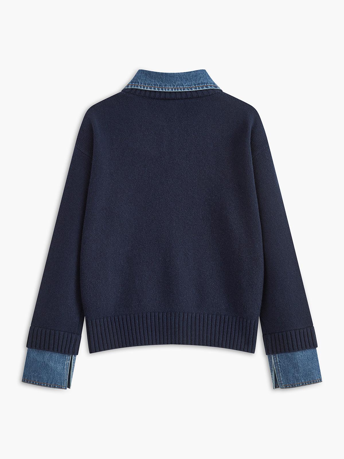 Denim Detaylı Triko Kazak