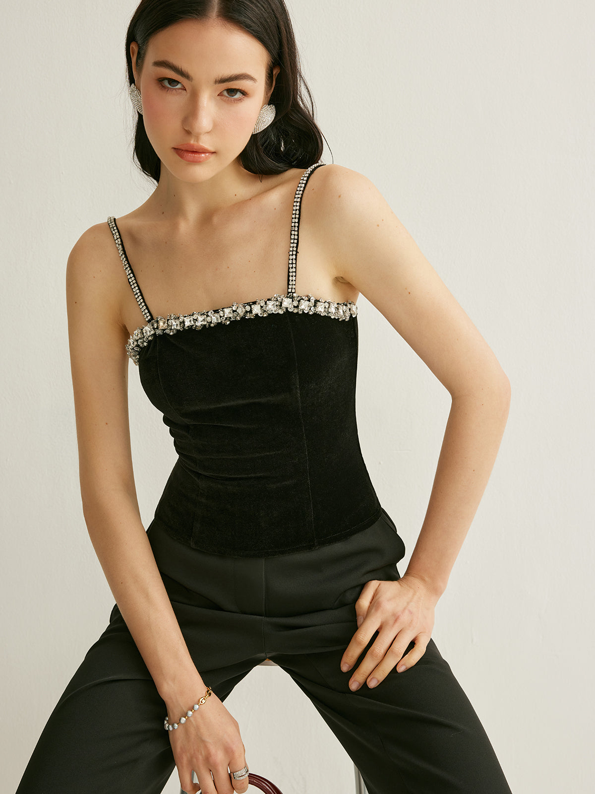 Işıltılı Rhinestone Kadife Korse Üst