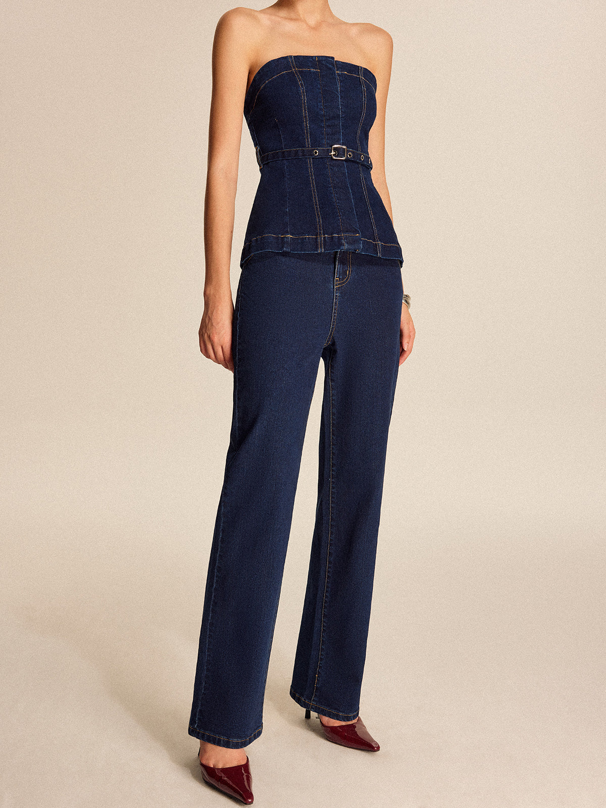 Şık Denim Düz Paça Pantolon, Trendy Kemer ile Birlikte