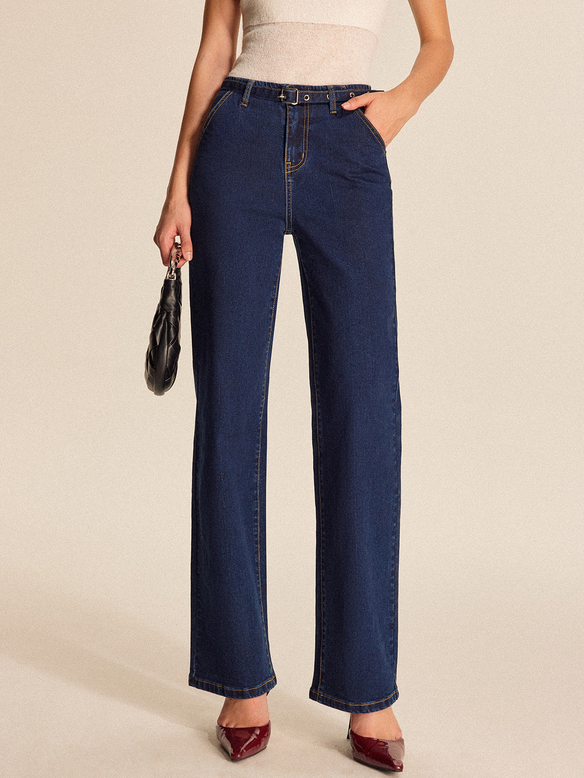 Şık Denim Düz Paça Pantolon, Trendy Kemer ile Birlikte