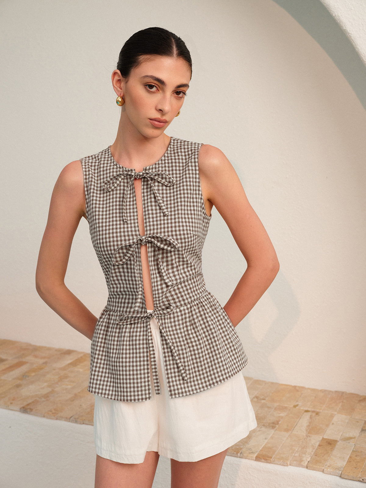 Şık Gingham Düğmeli Peplum Bluz