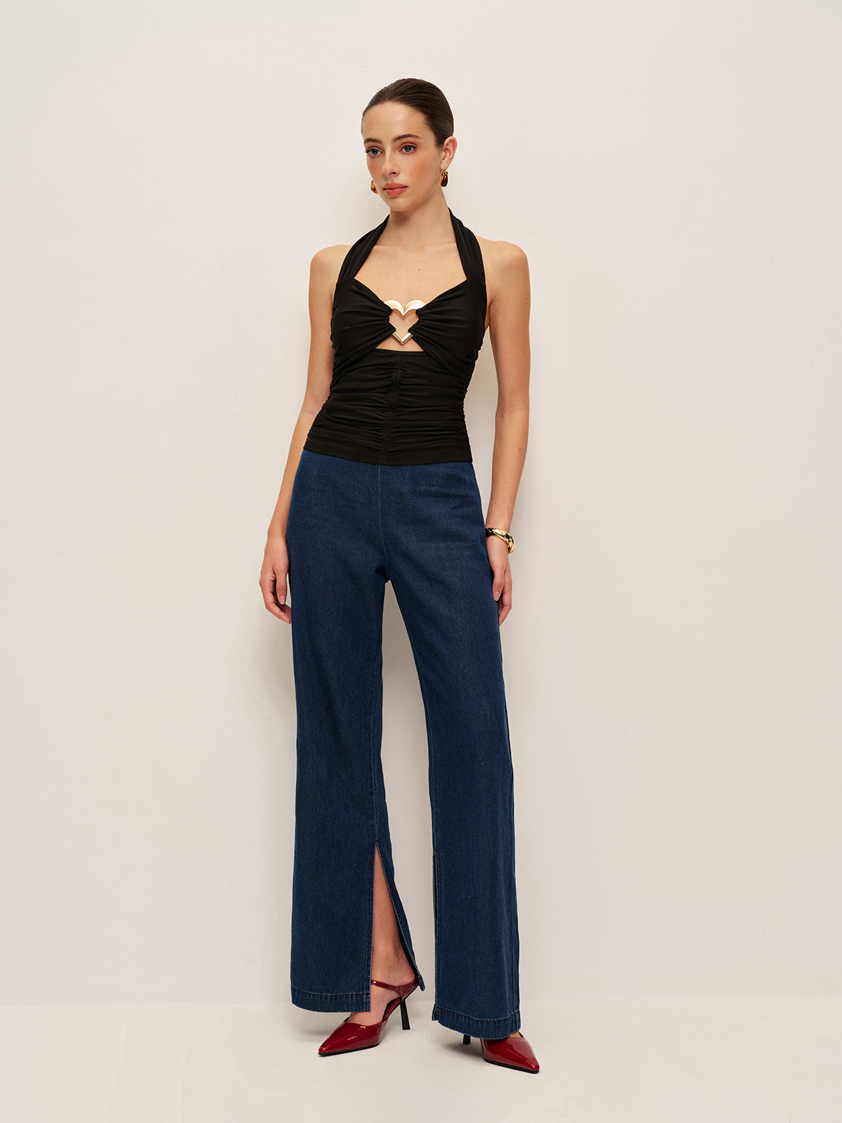 Attractive Heart Embellished Ruffle Halter Blouse
