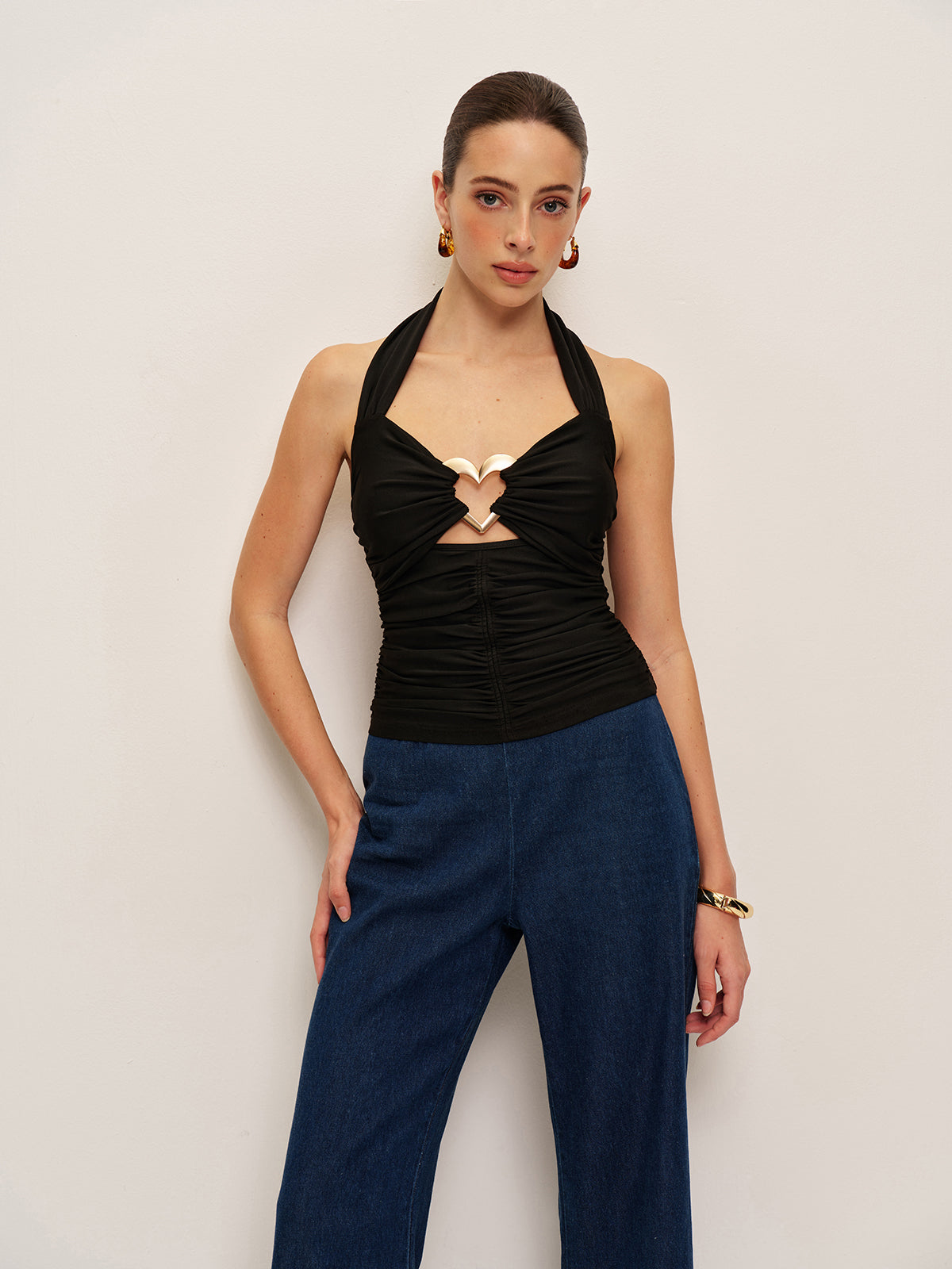 Attractive Heart Embellished Ruffle Halter Blouse