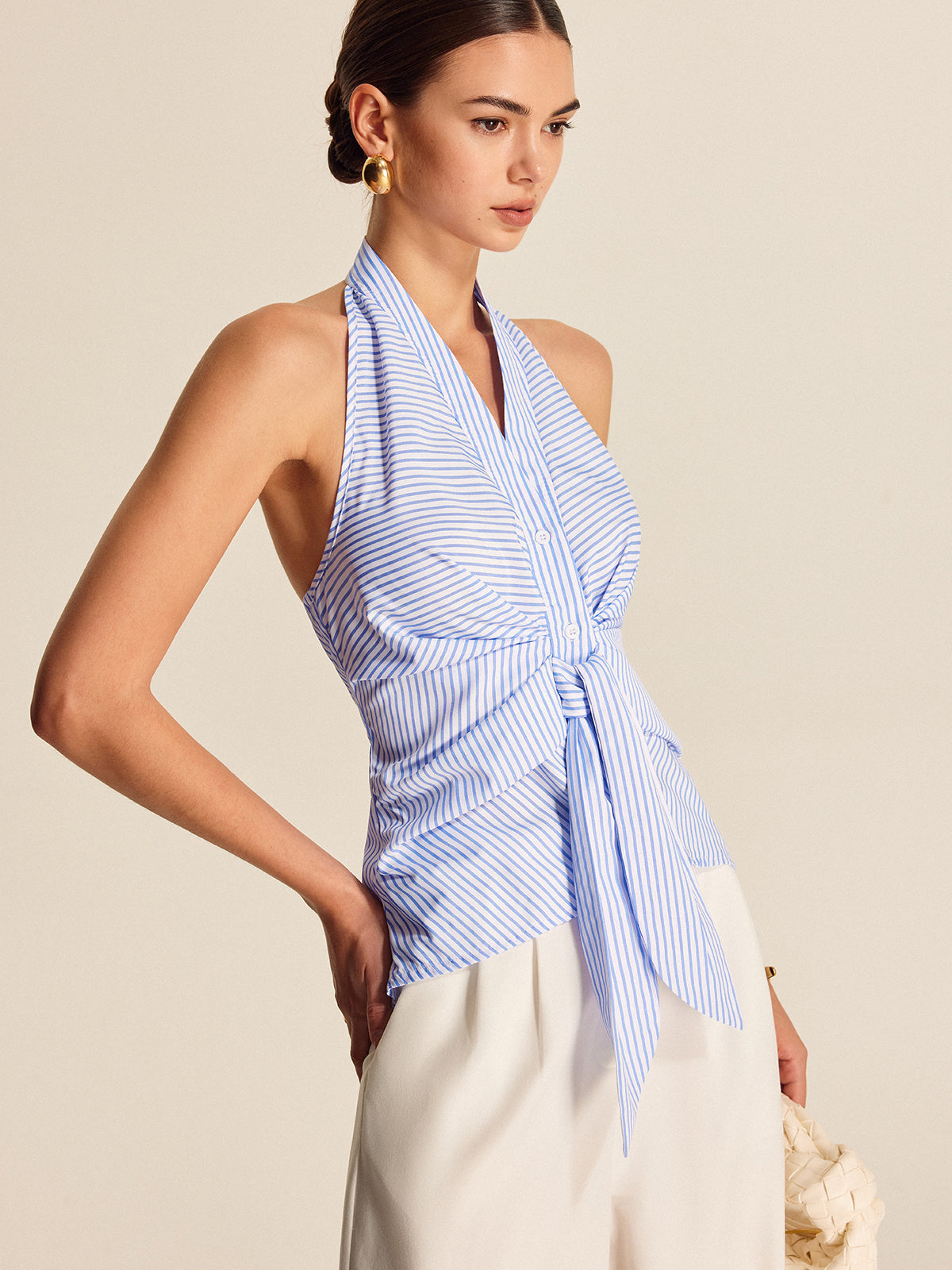 Şık Çizgili Halter Yaka Kravat Bluzu
