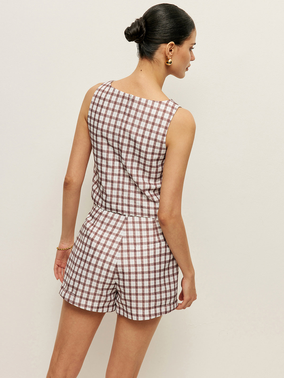Şık Kareli Kolsuz Crop Top ve Şort Takımı