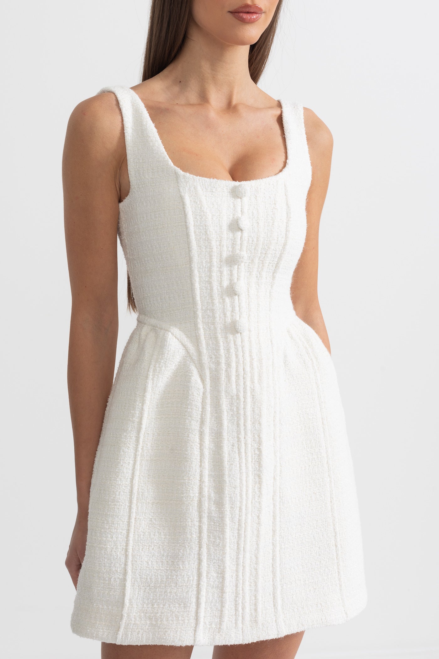 Fitted Bodice ile Dokulu Kolsuz Mini Elbise