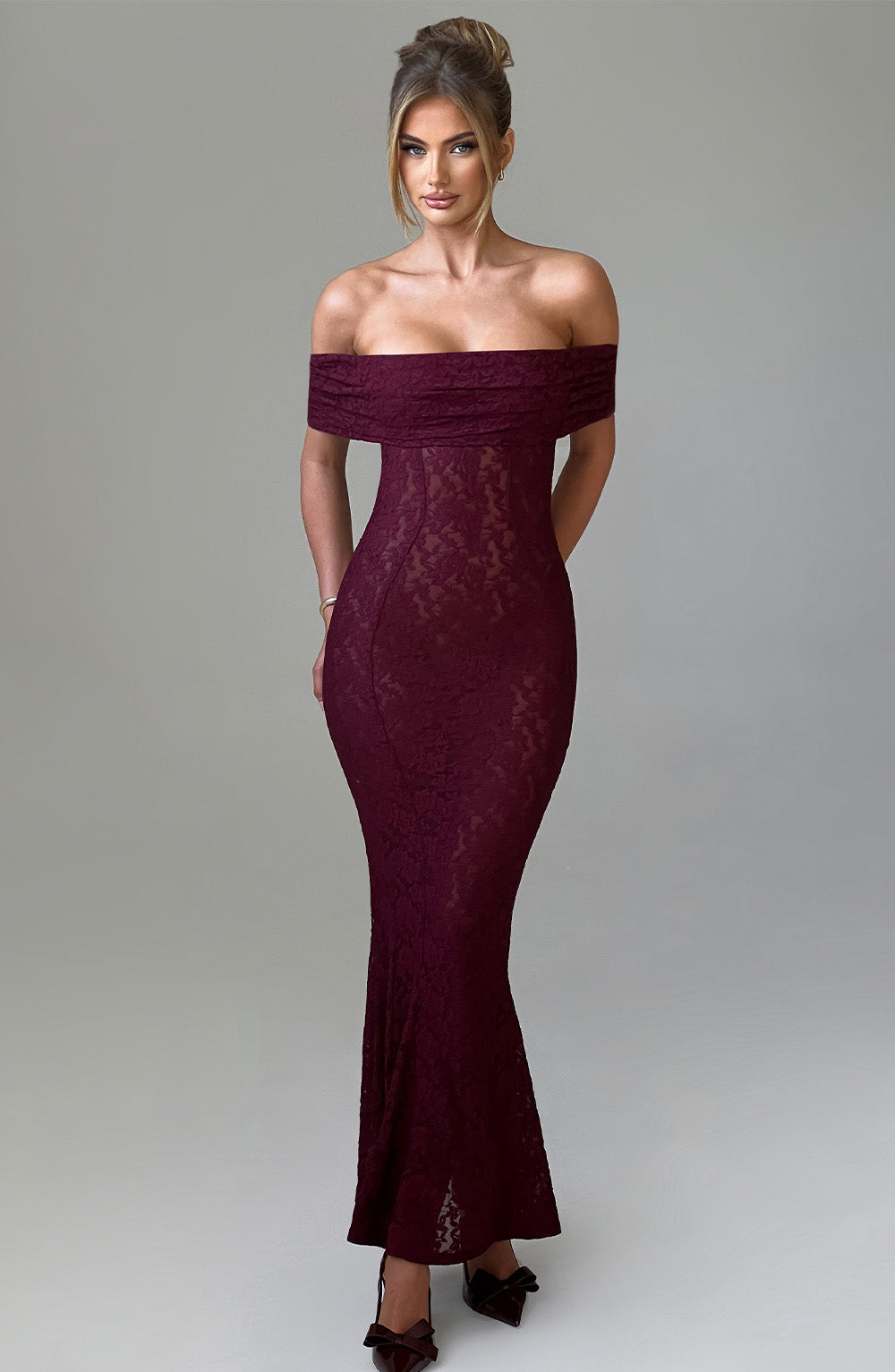 Stephanie Maksi Elbise - Bordo Shine Aura