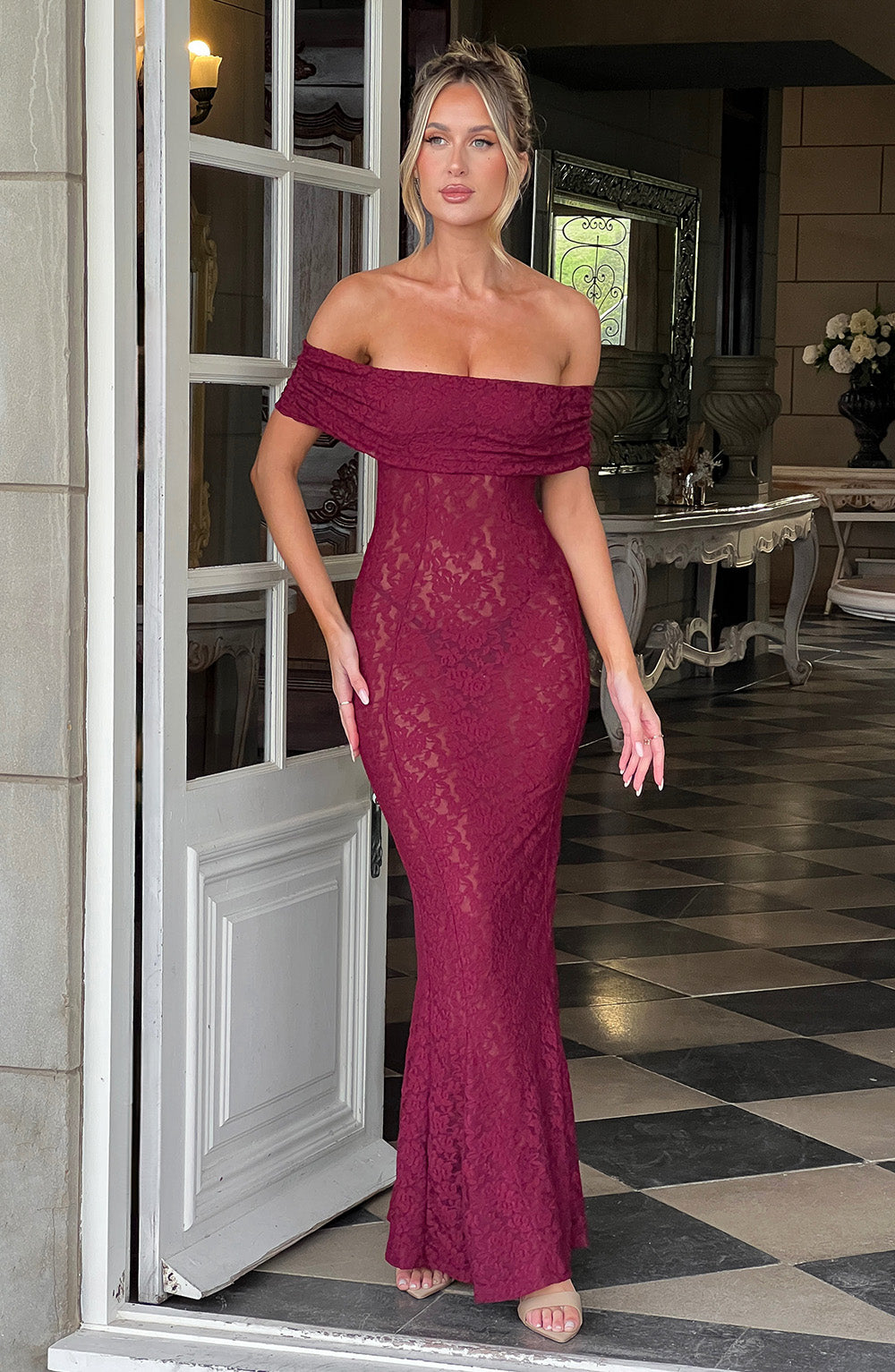 Stephanie Maksi Elbise - Bordo Shine Aura