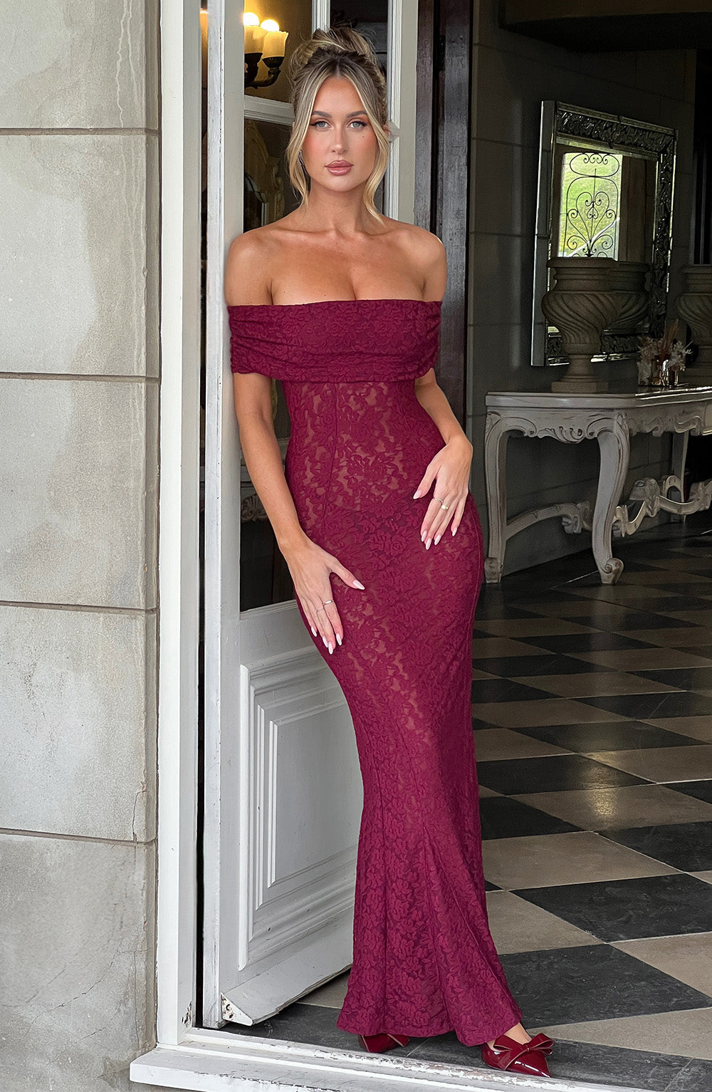 Stephanie Maksi Elbise - Bordo Shine Aura