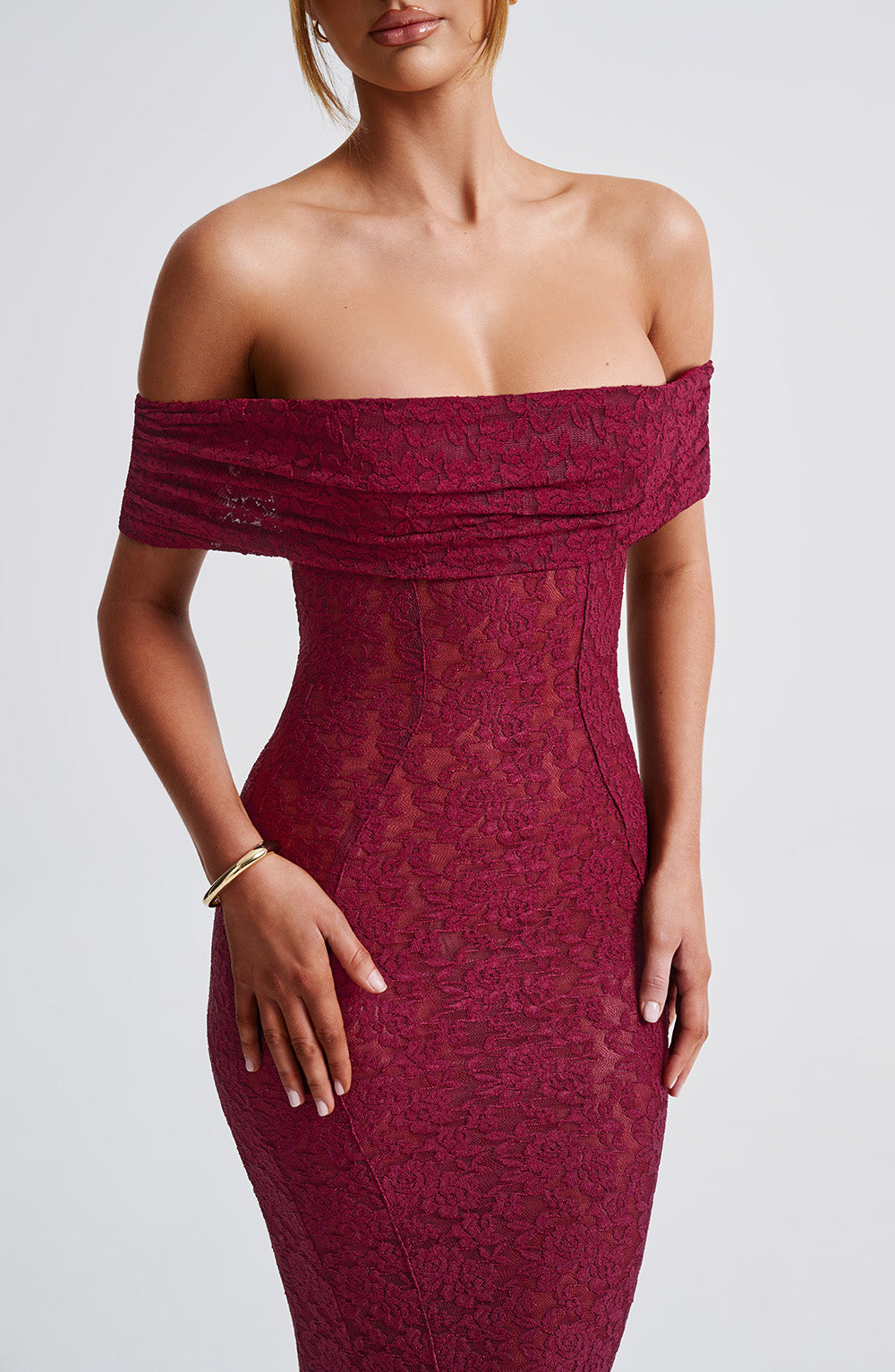 Stephanie Maksi Elbise - Bordo Shine Aura