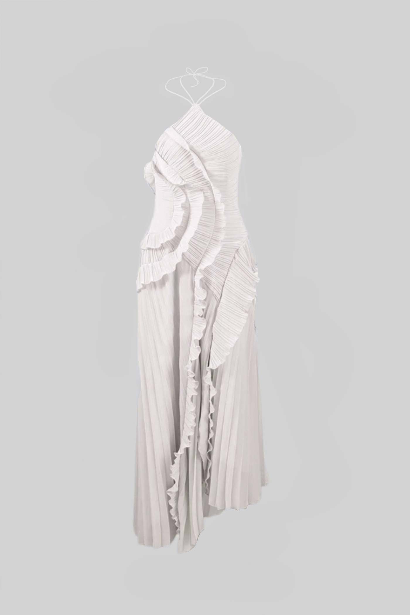 Fırfır Detaylı Pileli Halter Midi Elbise