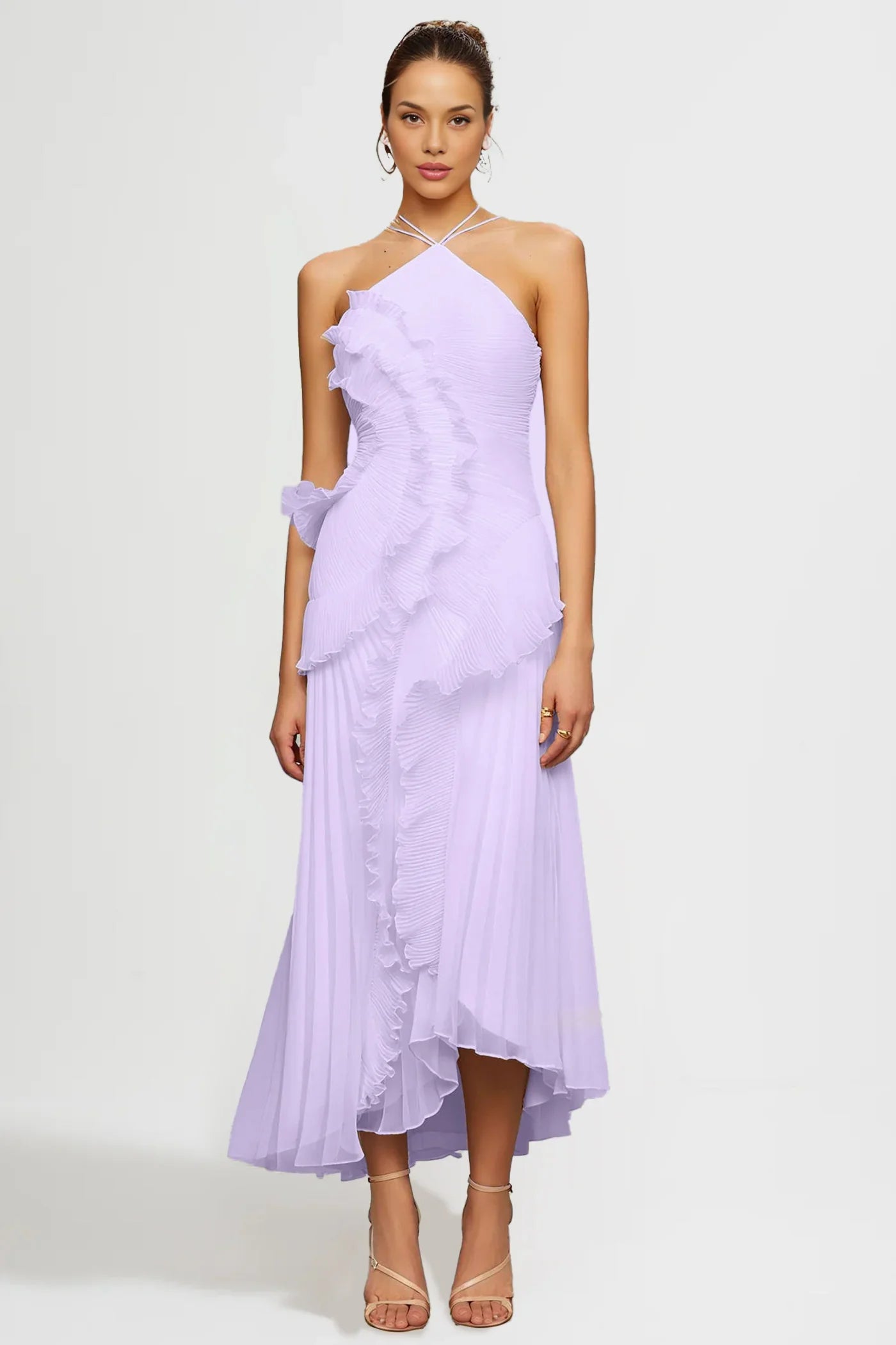 Fırfır Detaylı Pileli Halter Midi Elbise
