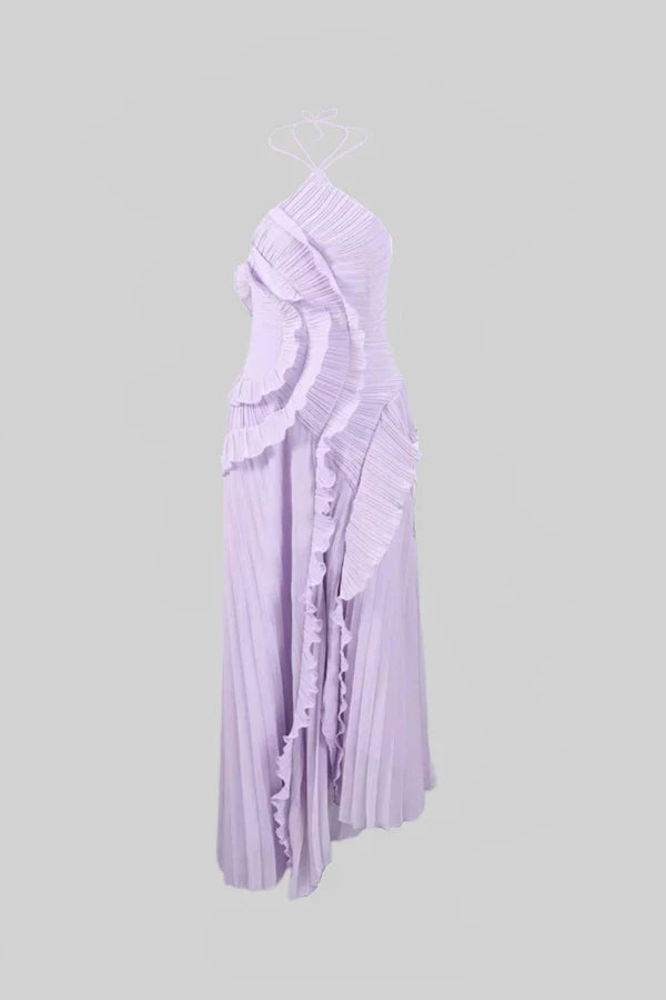 Fırfır Detaylı Pileli Halter Midi Elbise
