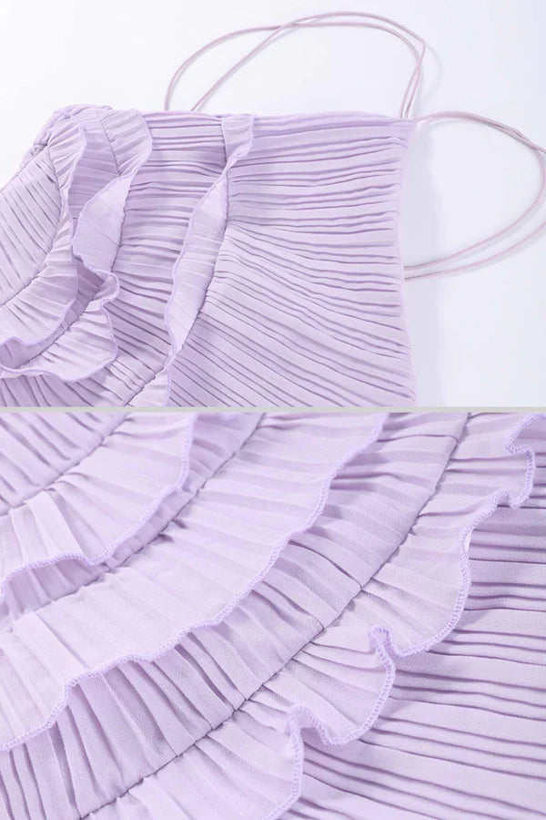 Fırfır Detaylı Pileli Halter Midi Elbise