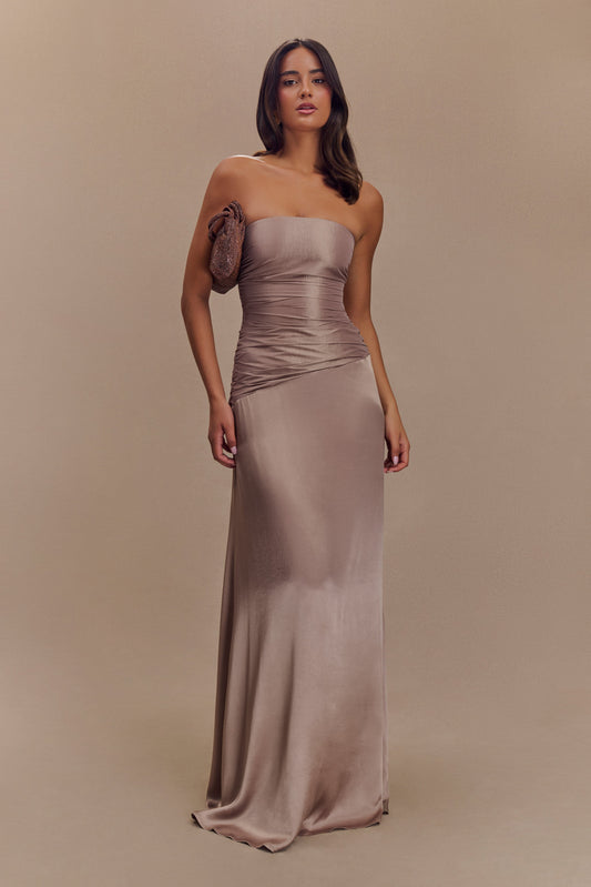 ROF Serena Straplez Tafta Maxi Elbise - Bronz Taupe