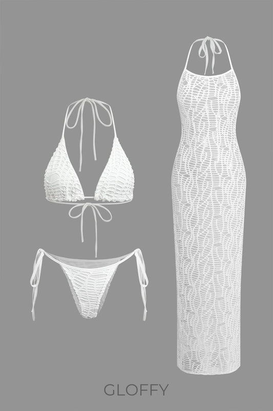 Dokulu Boyundan Bağlamalı Bikini Ve Açık Örgü Örtü Takımı