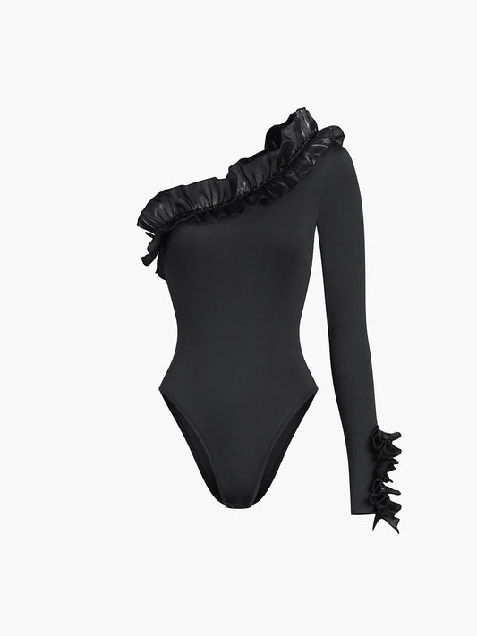 Tek Omuzlu Uzun Kollu Fırfırlı Bodysuit Shine Aura