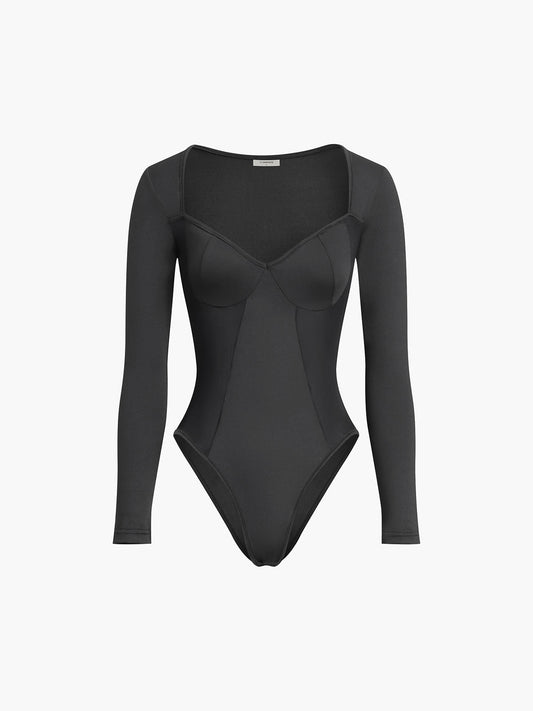 Patchwork Kalp Şeklinde Yaka Uzun Kollu Bodysuit Shine Aura