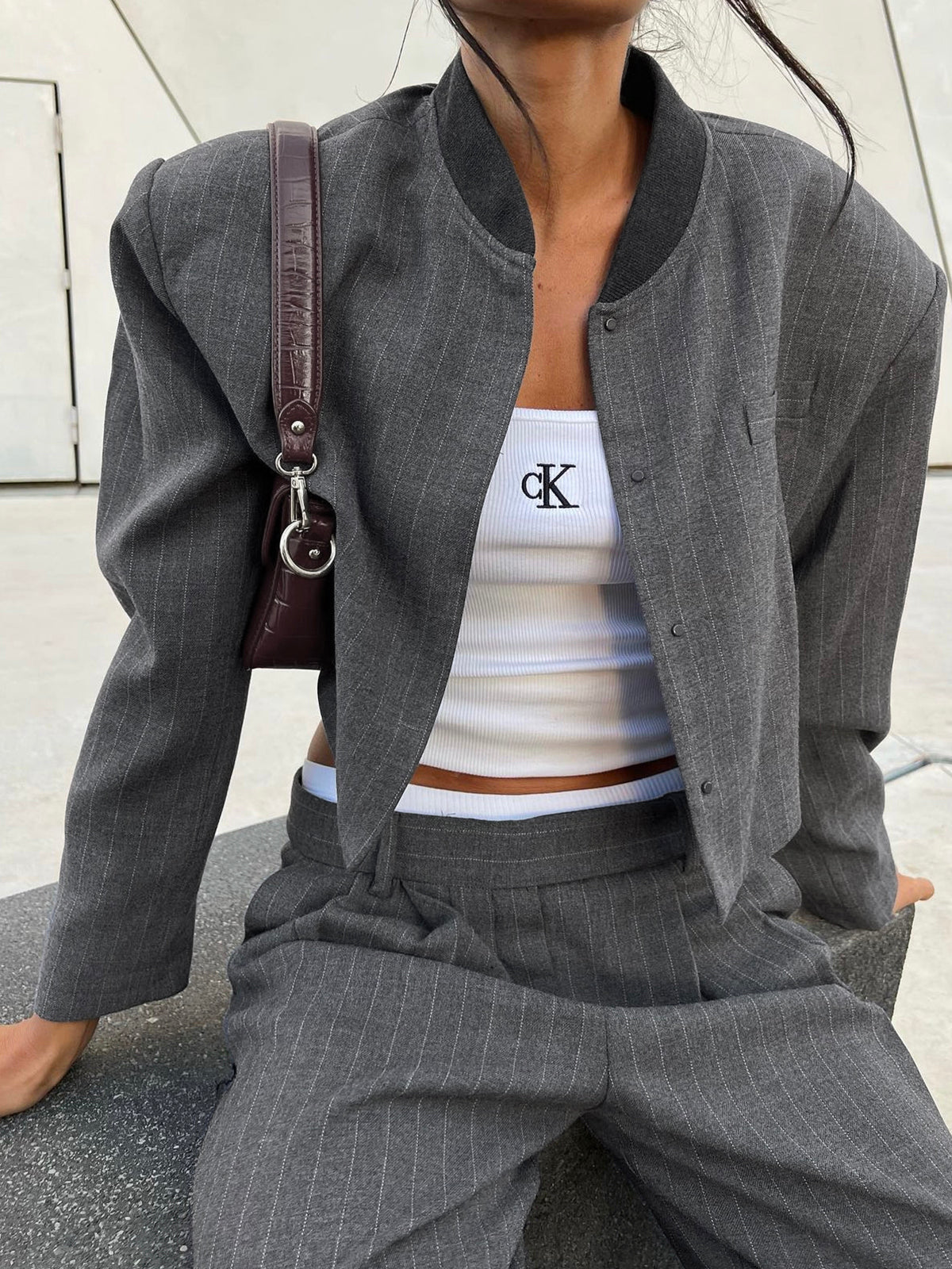 Kişiye Özel İnce Çizgili Patchwork Yaka Ceket Shine Aura