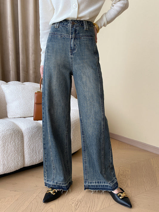 Vintage Denim Düğmeli Geniş Paça Kot Shine Aura