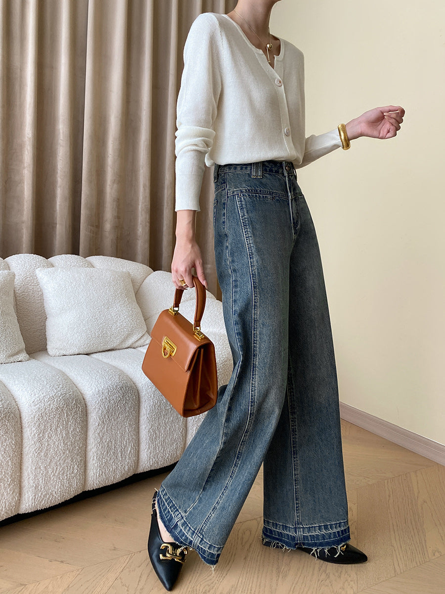 Vintage Denim Düğmeli Geniş Paça Kot Shine Aura