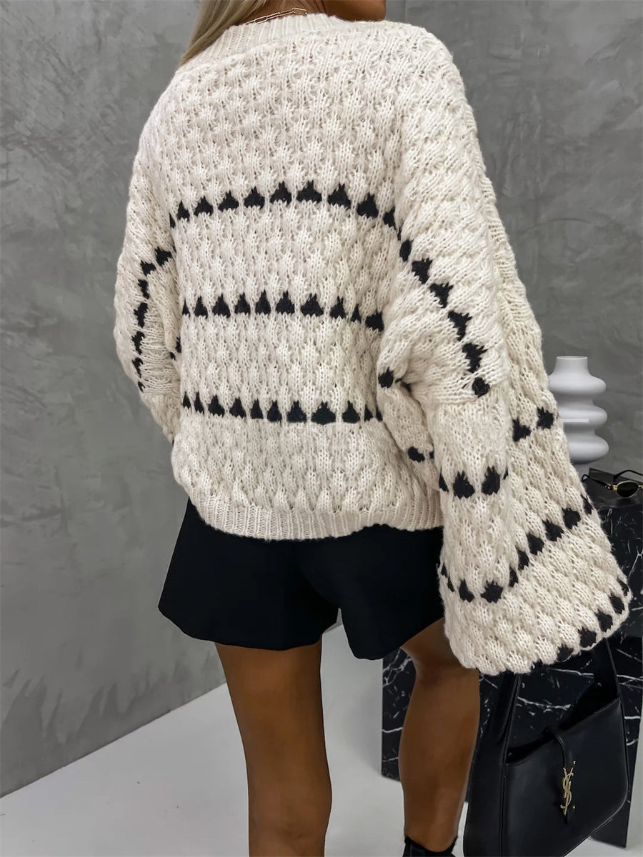 Crew Neck Two-Tone Decor Casual Sweater Shine Aura