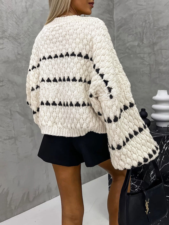 Crew Neck Two-Tone Decor Casual Sweater Shine Aura