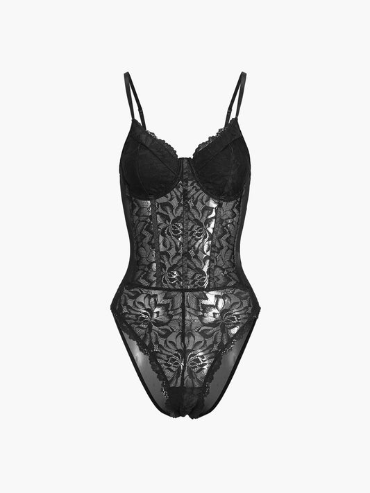 Çiçek Taraklı Kenarlı Dantel Kesilmiş Bodysuit Shine Aura
