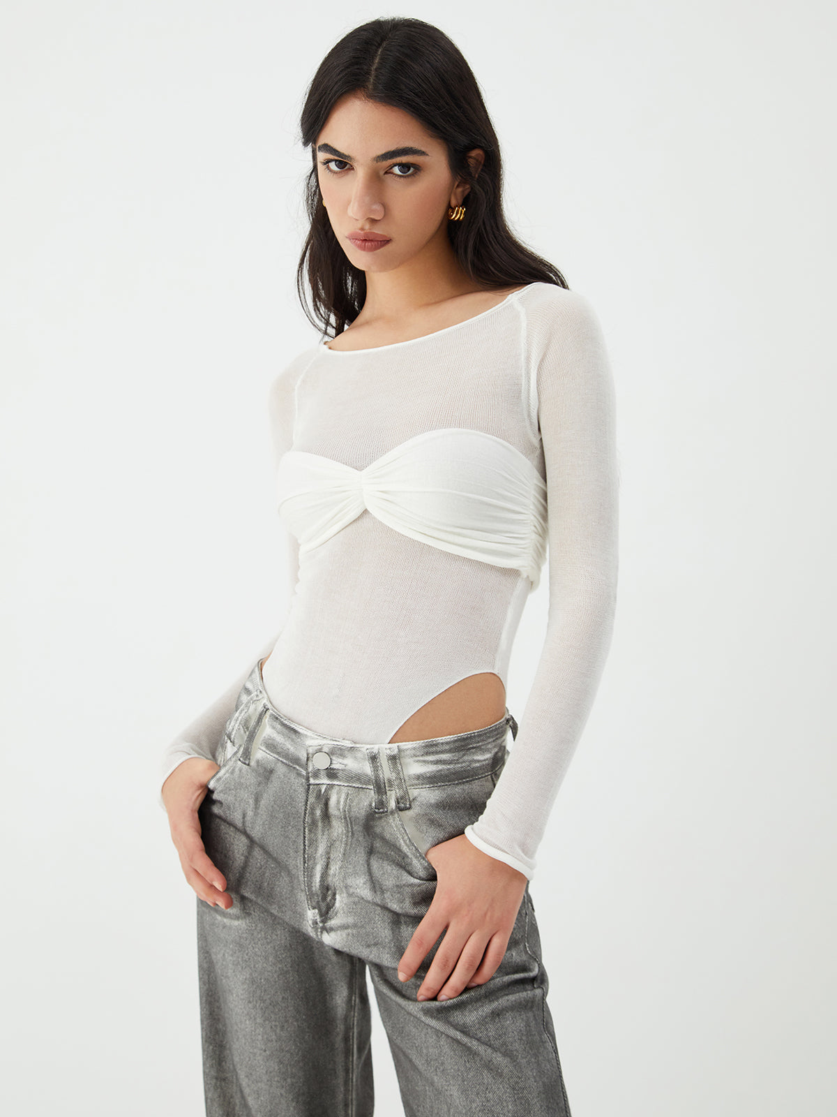 Şeffaf Patchwork Uzun Kollu Bodysuit Shine Aura