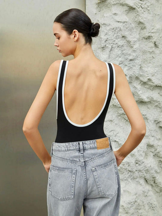 Kenar Renk Kontrastlı Sırtı Açık Bodysuit Shine Aura