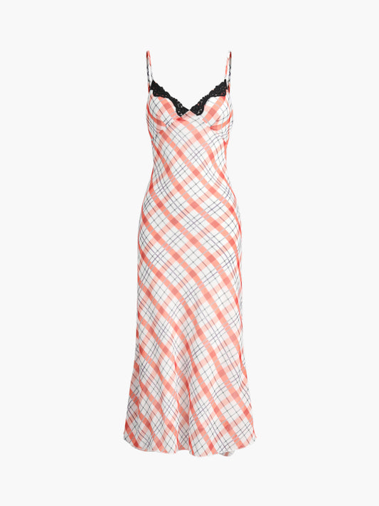 Plaid Print Lace Trim Long Dress Shine Aura