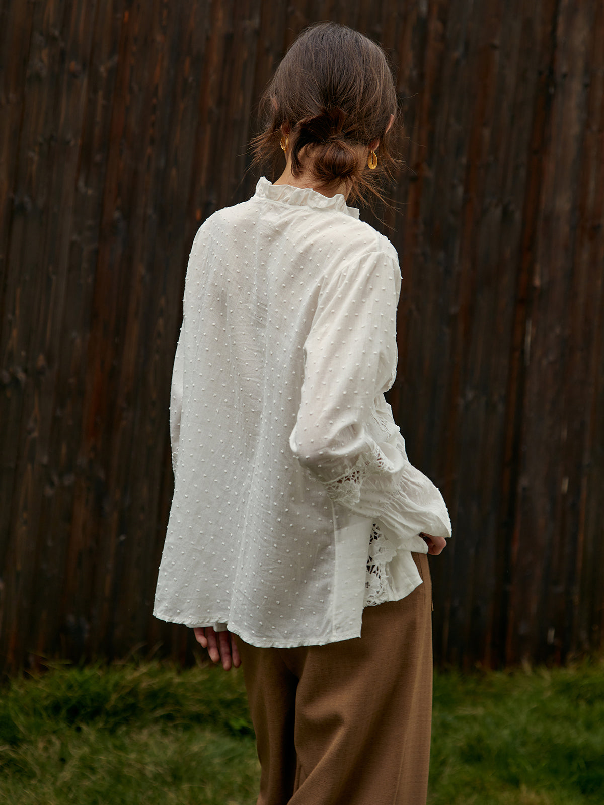 Frenchy Swiss Dot Lace Trim Flare Sleeve Shirt Shine Aura