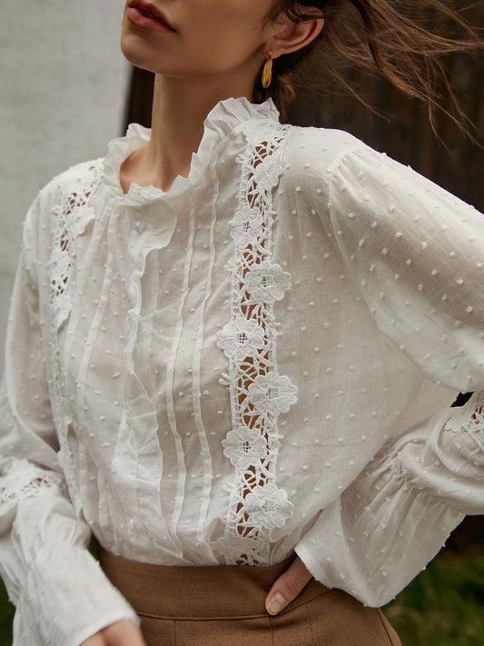 Frenchy Swiss Dot Lace Trim Flare Sleeve Shirt Shine Aura
