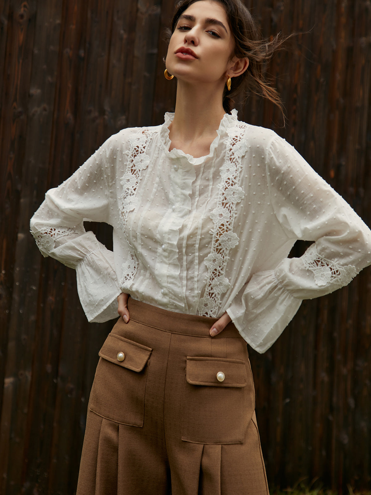 Frenchy Swiss Dot Lace Trim Flare Sleeve Shirt Shine Aura
