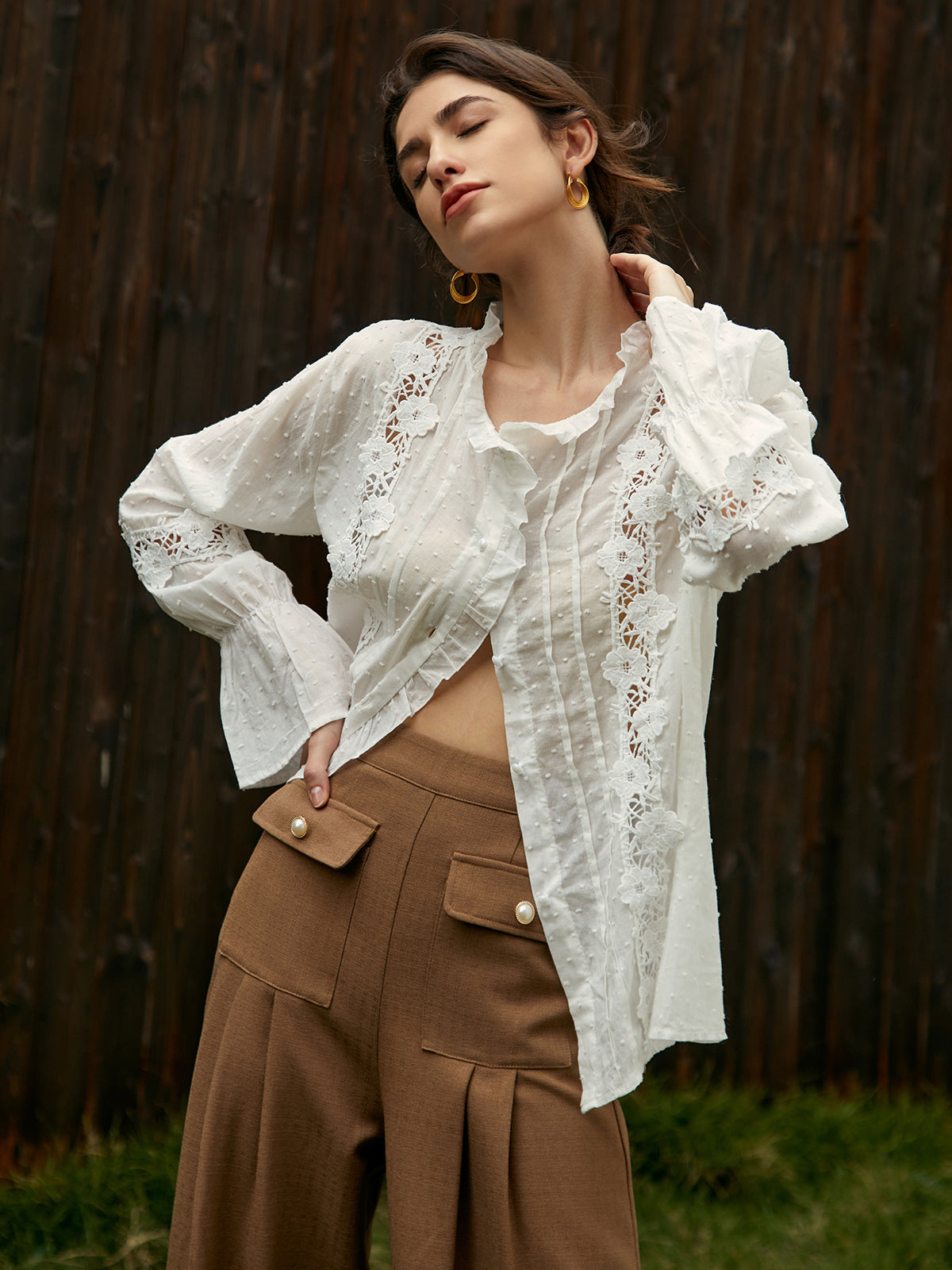 Frenchy Swiss Dot Lace Trim Flare Sleeve Shirt Shine Aura