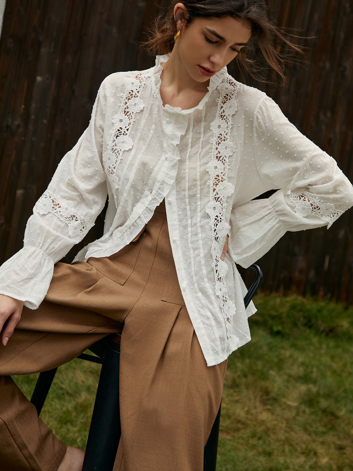 Frenchy Swiss Dot Lace Trim Flare Sleeve Shirt Shine Aura