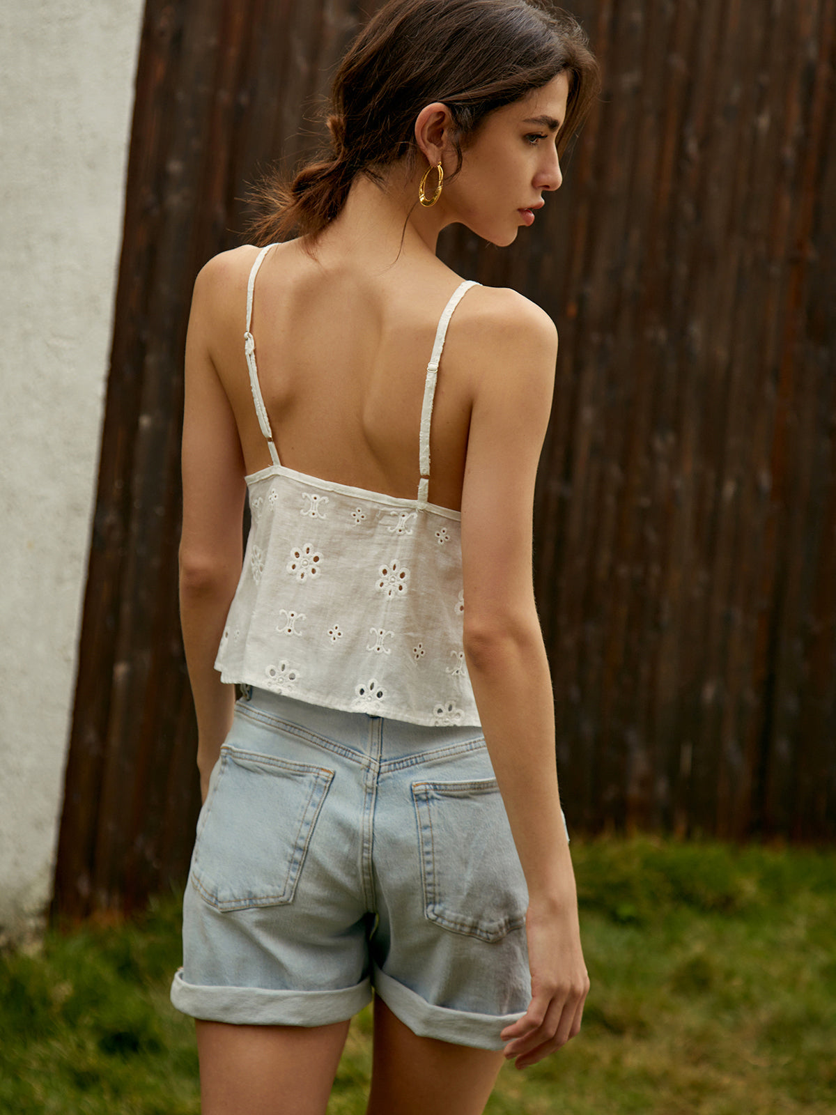 V-Neck Hollow Out Cami Top Shine Aura