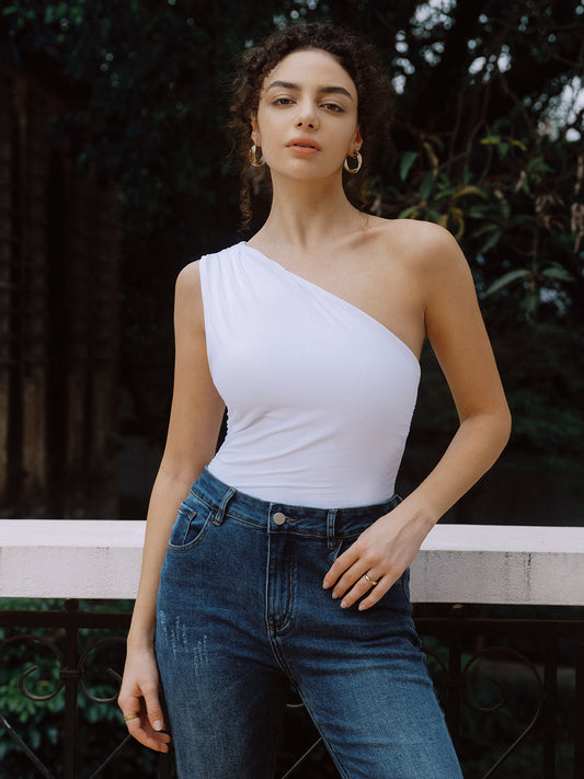 Düz Tek Omuz Kapalı Tank Top Shine Aura