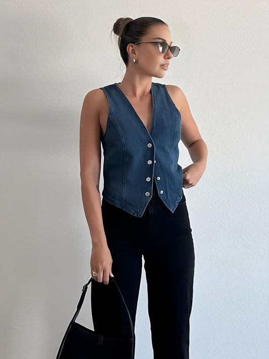 Denim Metal Düğmeli Yelek